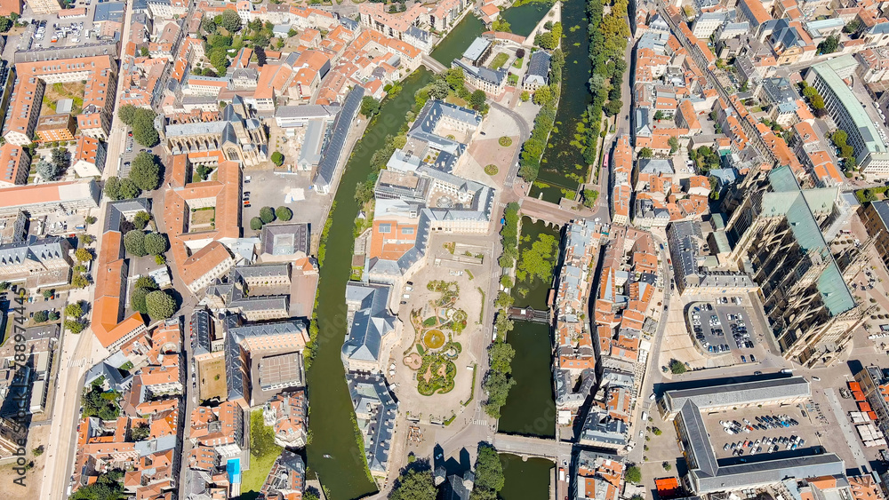Metz, France. Moselle River. View of the historical city center. Summer, Sunny day, Aerial View