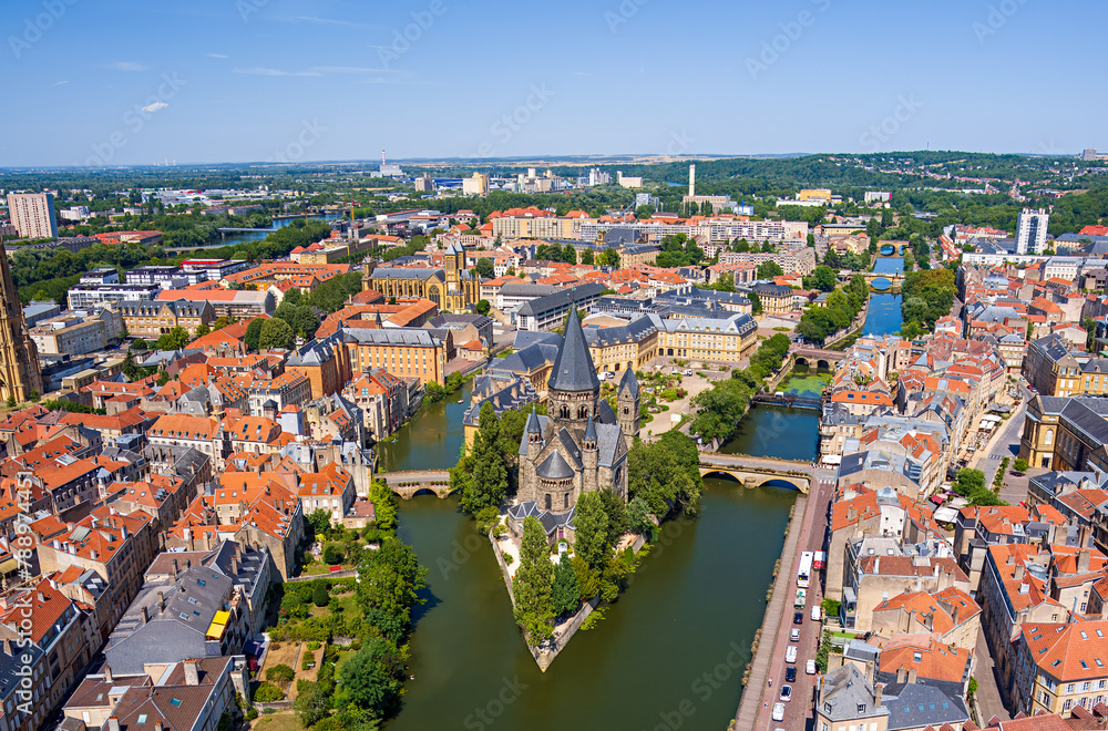 Metz, France. New Temple - Protestant Church. Moselle River. Panorama of the city on a summer day. Sunny weather. Aerial view