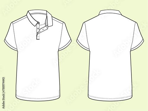 Men's Short-Sleeve Polo Shirt: Black and White Vector Flat Sketch Fashion Illustration