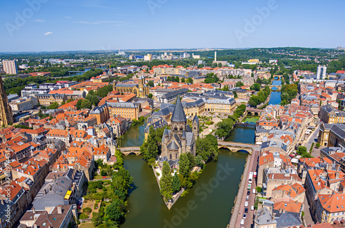 Metz, France. New Temple - Protestant Church. Moselle River. Panorama of the city on a summer day. Sunny weather. Aerial view photo