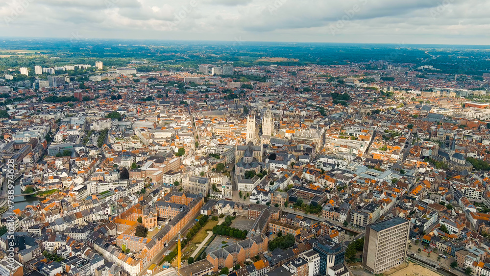 Ghent, Belgium. Cathedral of Saint Bavo. Panorama of the central city from the air. Cloudy weather, summer day, Aerial View