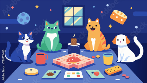 A game night for pet owners competing in petthemed trivia and board games while indulging in delicious petfriendly snacks and treats.