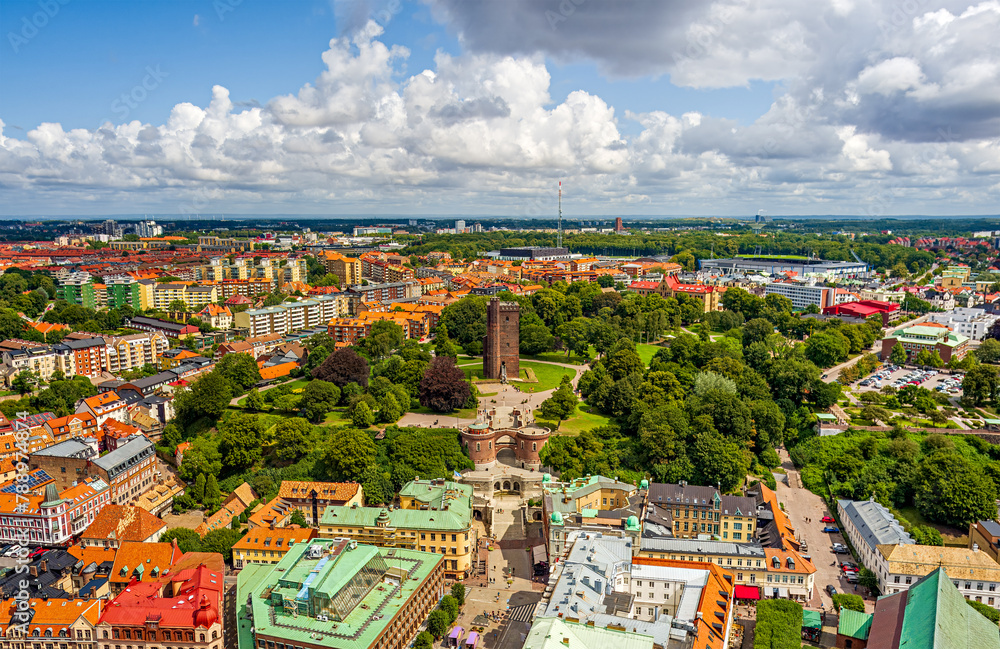 Helsingborg, Sweden. Karnan - The surviving 35-meter tower of a medieval castle. Panorama of the city in summer. Aerial view