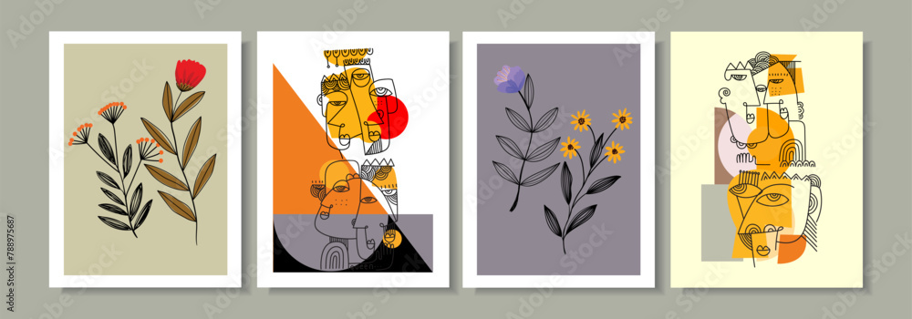 Set of abstract cover background wall art, floral, plant, flower, face portrait, person figure vector illustration. Aesthetic design for art print, decoration and wallpaper.