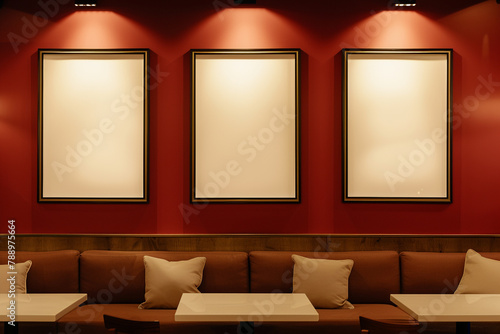 A chic dining area adorned with three elegant frames, softly illuminated by spotlights against a stylish light red wall, creating an intimate and sophisticated setting for dining with friends and fami photo