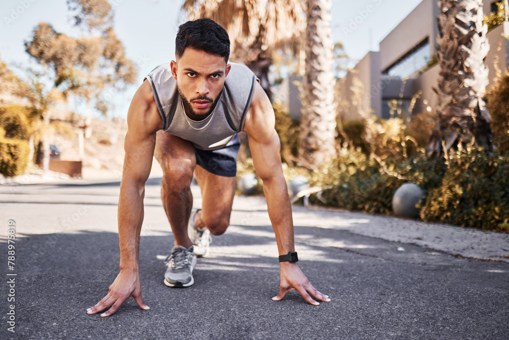 Sport, runner and male person for fitness in outdoors for exercise, training and workout for health. Active, man and athlete with marathon race on track for muscles, wellness and cardio in street Sport, runner and male person for fitness in outdoors for exercise, training and workout for health. Active, man and athlete with marathon race on track for muscles, wellness and cardio in street