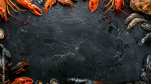 Lobsters and shellfish on a black background. photo