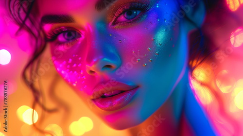 Model face woman is dramatically lit with neon lights, casting vivid turquoise and pink hues across her features © Mars0hod