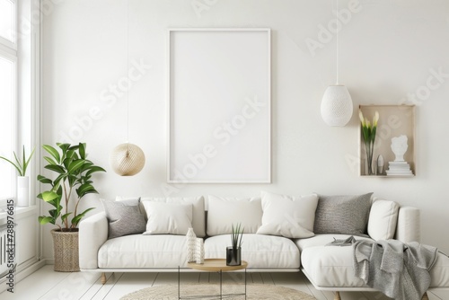 Scandinavian style living room with poster mockup created with generative ai