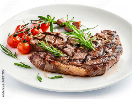 A steak with tomatoes and rosemary on a white plate.