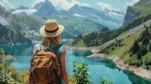 woman with a hat and backpack looking at the mountains and lake from the top of a mountain in the sun light, with a view of the mountains