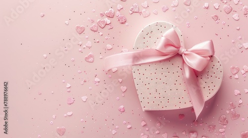 A captivating top down snapshot showcases Valentine s Day decorations featuring a heart shaped gift box adorned with a delicate pink ribbon bow The setting is on a pastel pink background cr © 2rogan