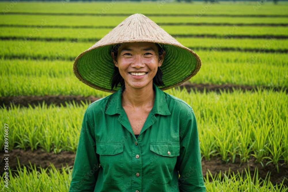 Portrait of a Vietnamese rice field worker wearing green hat and smiling at camera.