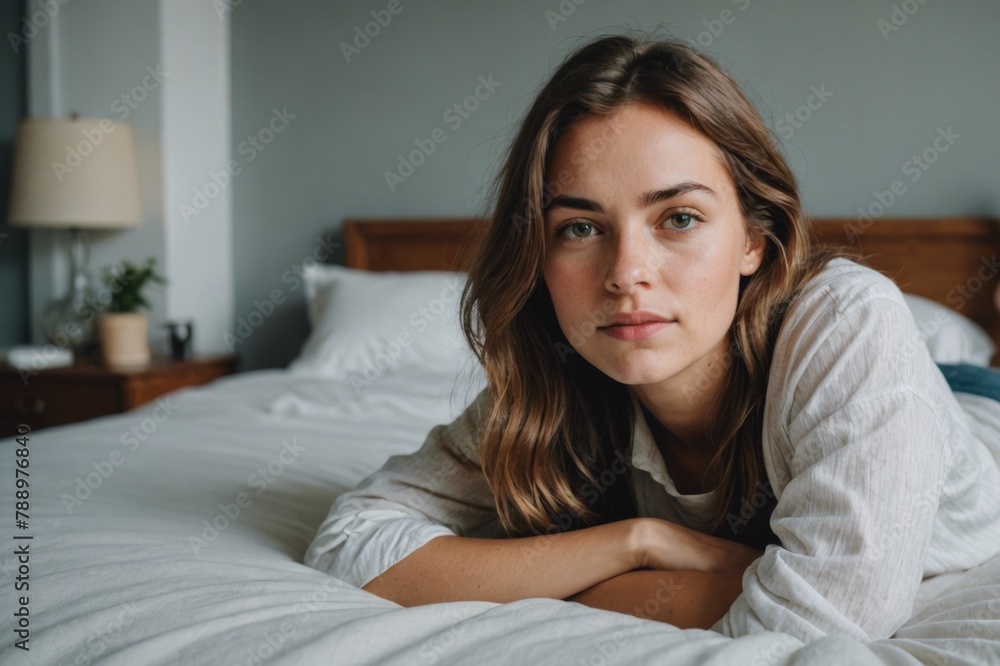 Young woman on the bed looking at camera, indoors shot. Young woman on the bed looking at camera, indoors shot.