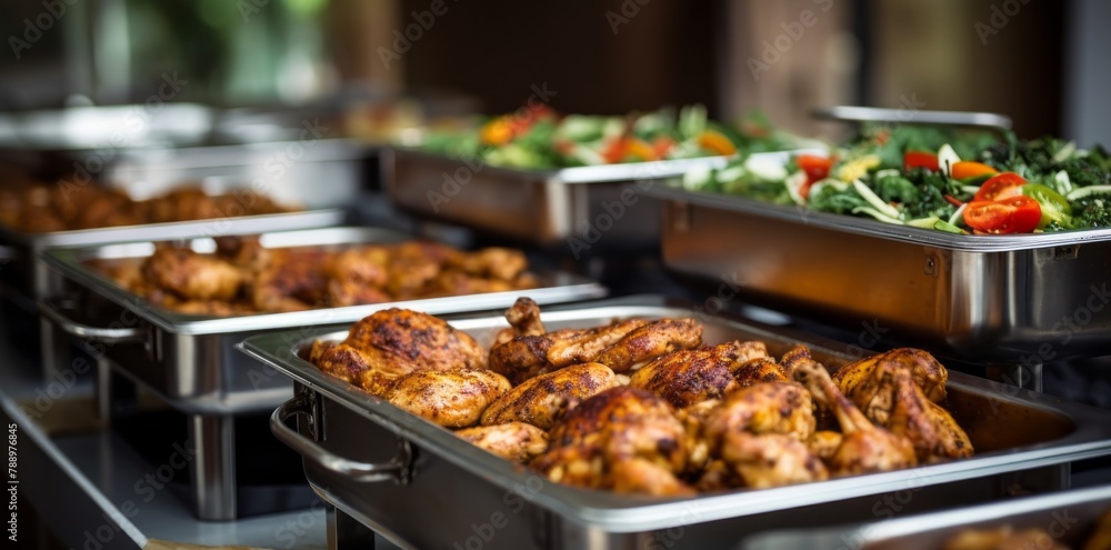 Grilled meat and vegetables, Food on a buffet table at the hotel, Group of people on catering buffet food indoor in restaurant with grilled meat Buffet service