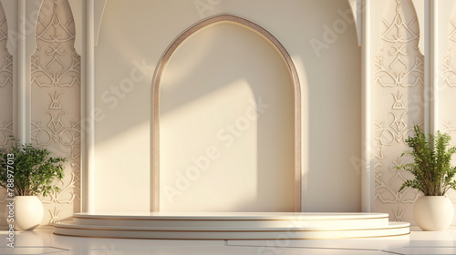 Simple clean islamic stage podium muslim background, copy space, product. Ramadan photo