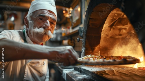 Seasoned chef with mustache meticulously placing toppings on pizza in a golden-lit pizzeria kitchen