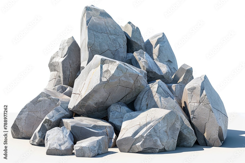 a pile of jagged, sharp-edged rocks, with a focus on texture and realistic shadows, isolated on a white background