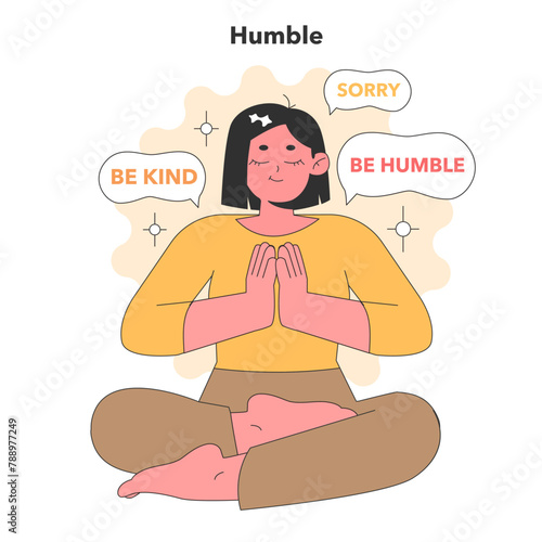 Serene vector portrayal of a meditative figure with kind words, illustrating the virtue of humility in a soothing color palette and gentle design