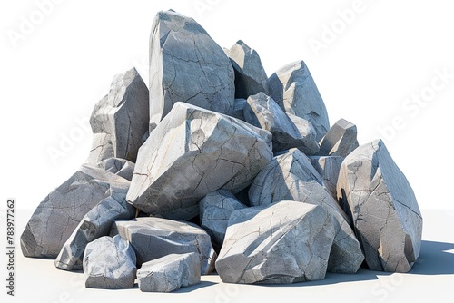 a pile of jagged, sharp-edged rocks, with a focus on texture and realistic shadows, isolated on a white background