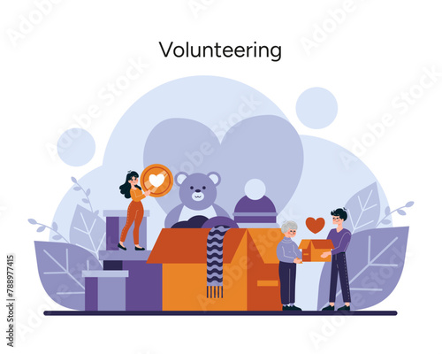 A heartfelt illustration showcasing the spirit of giving, with joyful volunteers engaging in community service and donation activities
