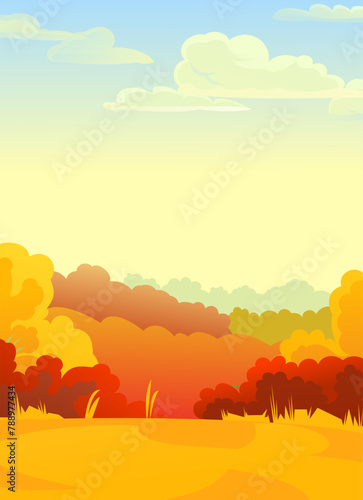 Autumn landscape. Countryside. Fields and vegetable gardens. Funny cartoon style. Picture vector