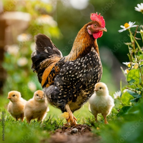 a mother hen walking proudly alongside a group of small chickens as they explore the lush greenery of their natural habitat. The dynamic composition and lifelike expressions of the birds convey a sens