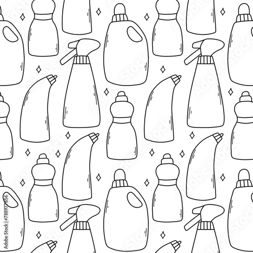 Seamless pattern with cleaning elements. Doodle pattern with detergent. Vector illustration.