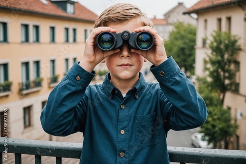 Boy standing on a balcony looking through binoculars