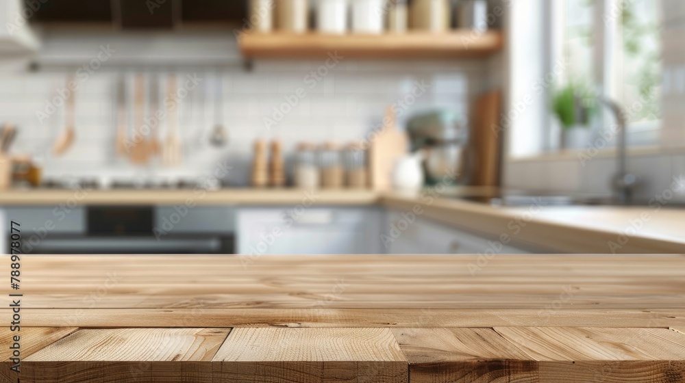 Empty wooden table and blurred background of modern kitchen. Ready for product display montage Empty wooden table and blurred background of modern kitchen. Ready for product display montage