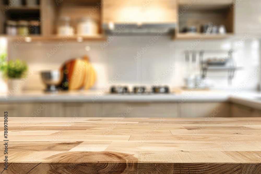 Empty wooden table and blurred background of modern kitchen. Ready for product display montage Empty wooden table and blurred background of modern kitchen. Ready for product display montage