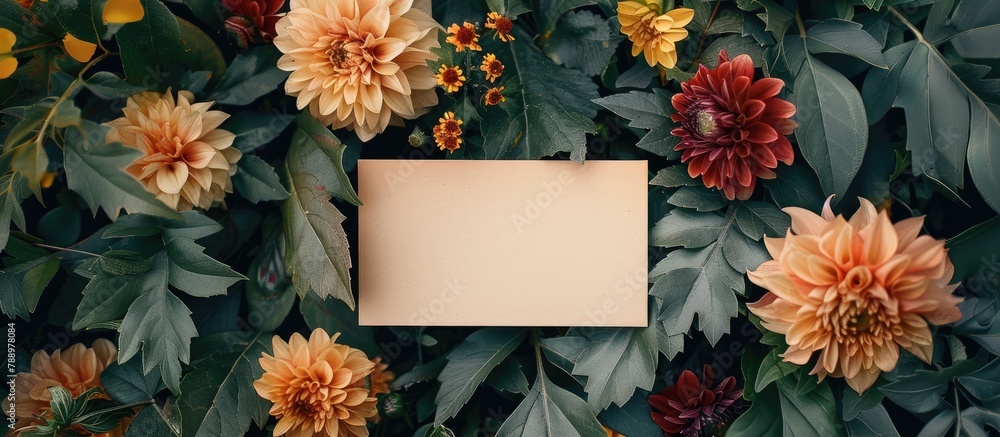 Flowers and leaves arranged artistically with a paper card note, presented in a flat lay to convey a nature-inspired theme. Flowers and leaves arranged artistically with a paper card note, presented in a flat lay to convey a nature-inspired theme.