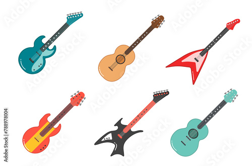 PNG, Acoustic guitar, electric guitar and ukulele set. String musical instruments. Musical instruments for entertainment. Cute flat cartoon style. Vector isolated electric vintage guitar design.