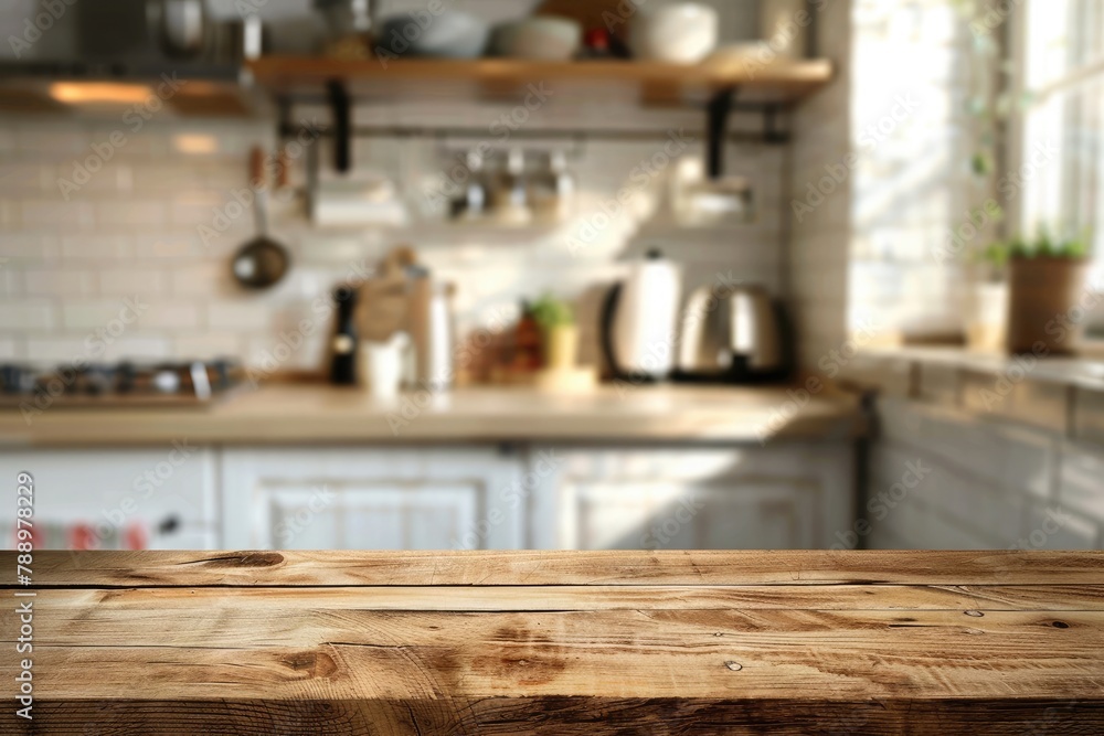 Empty wooden table and blurred background of modern kitchen. Ready for product display montage