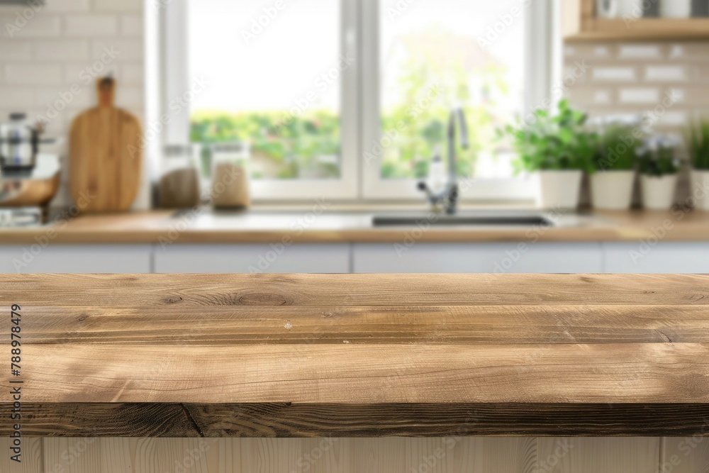 Empty wooden table and blurred background of modern kitchen. Ready for product display montage Empty wooden table and blurred background of modern kitchen. Ready for product display montage