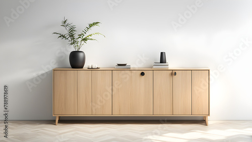 A modern style wooden storage cabinet with a white wall as the background, solving the style, home design, and decoration design