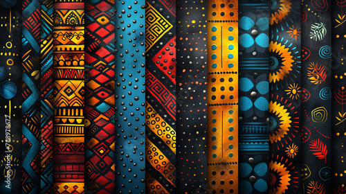 Tribal, African art and texture with abstract for cultural mural, painting or colorful pattern. Creative, print and geometric shapes by dark background with design, illustration or drawing icon.