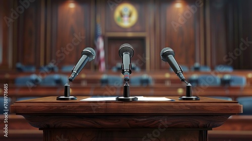 Three microphones are on a podium in front of a large audience photo