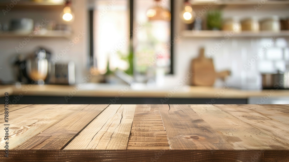 Empty wooden table and blurred background of modern kitchen. Ready for product display montage Empty wooden table and blurred background of modern kitchen. Ready for product display montage