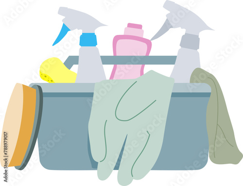 Container Cleaning Supplies Detergent Gloves Plunger Sponge Spray Bottle