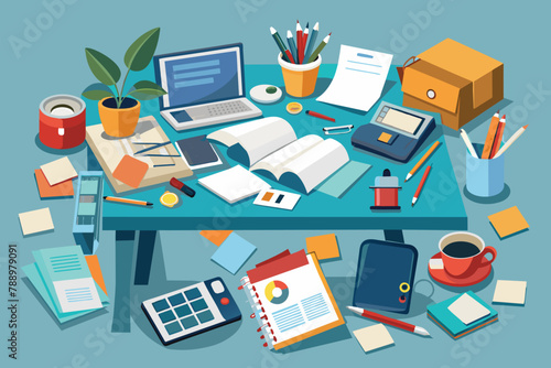 A cluttered desk with scattered papers and office supplies, AI generated