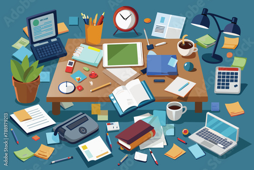 A cluttered desk with scattered papers and office supplies, AI generated
