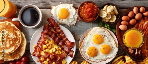 Top view of a wooden surface displaying a complete American breakfast, with fried eggs, bacon, hash browns, pancakes, orange juice, and coffee.