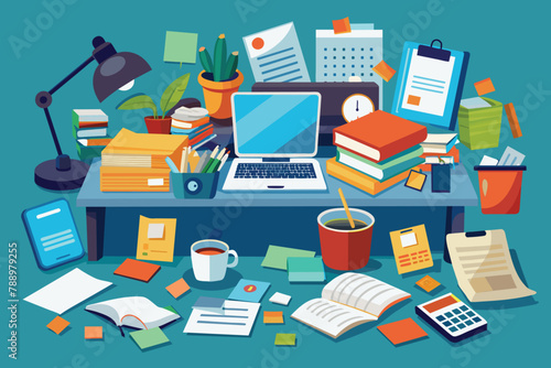 A cluttered desk with scattered papers and office supplies, AI generated