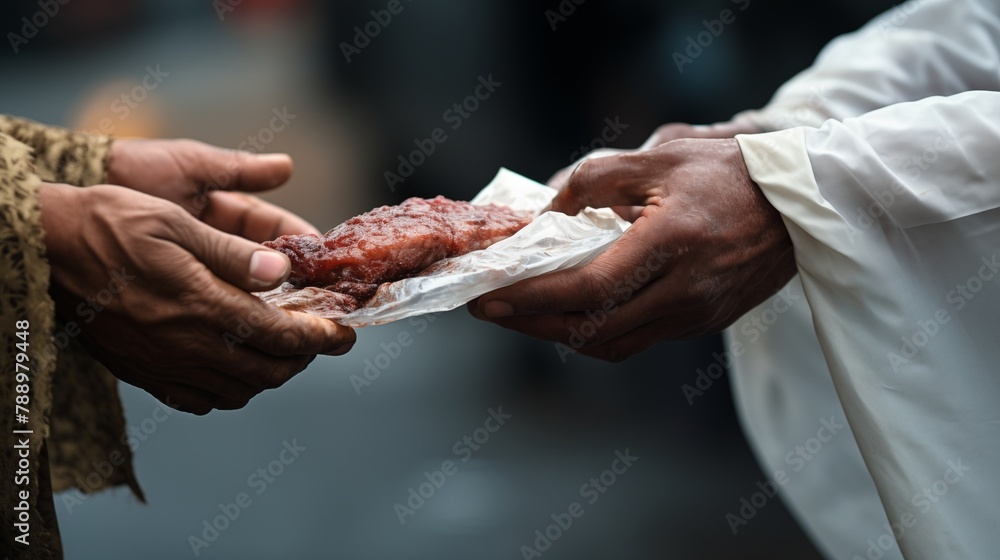 Close-up of a person distributing Eid ul-Adha meat to the homeless
