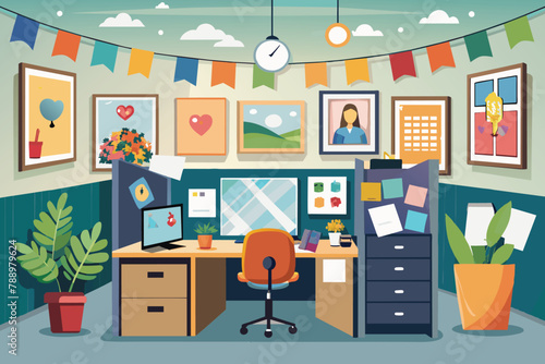 A cubicle decorated with motivational posters and family photos, AI generated