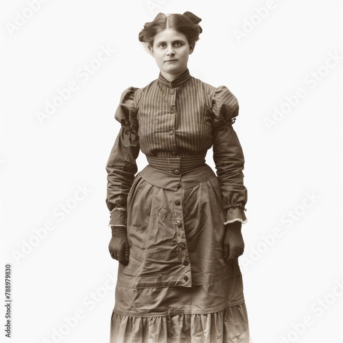 A woman in a long dress with a buttoned collar and a striped shirt photo