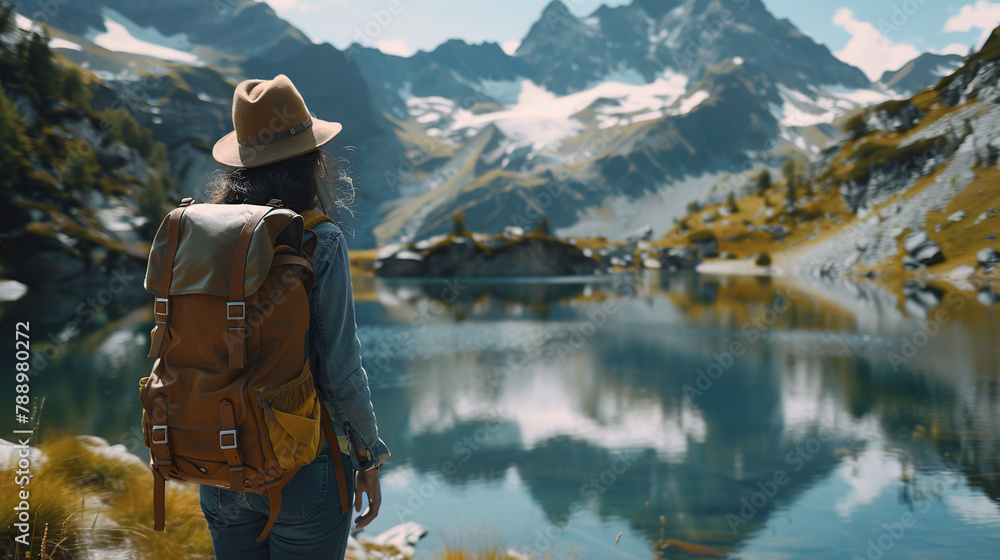 woman with a hat and backpack looking at the mountains and lake from the top of a mountain in the sun light, with a view of the mountains woman with a hat and backpack looking at the mountains and lake from the top of a mountain in the sun light, with a view of the mountains