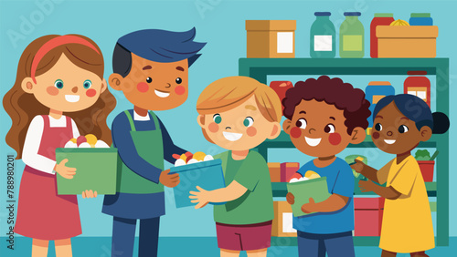 A group of children helping to stock shelves with donations at a schoolbased food pantry learning the importance of giving back to their