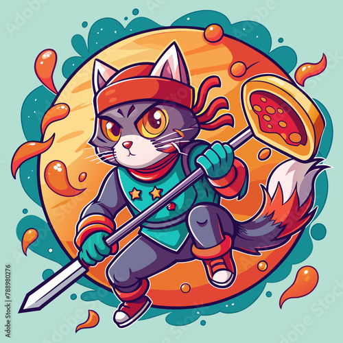 Ninja cat riding a flying pizza slice, wielding a spatula as a weapon